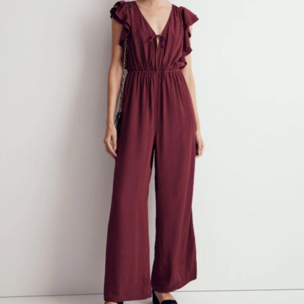 Madewell Jacquard Deep-V Ruffled Jumpsuit